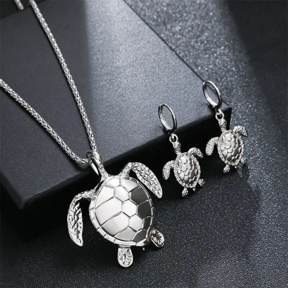 Silver-Color Sea Turtle Pendant Necklace Jewelry Set